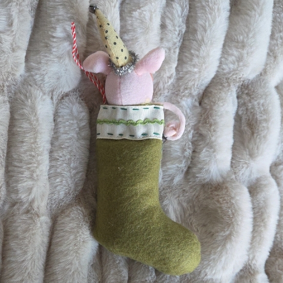 Festive Pig Ornament in Green Stocking - Picture 2 of 3